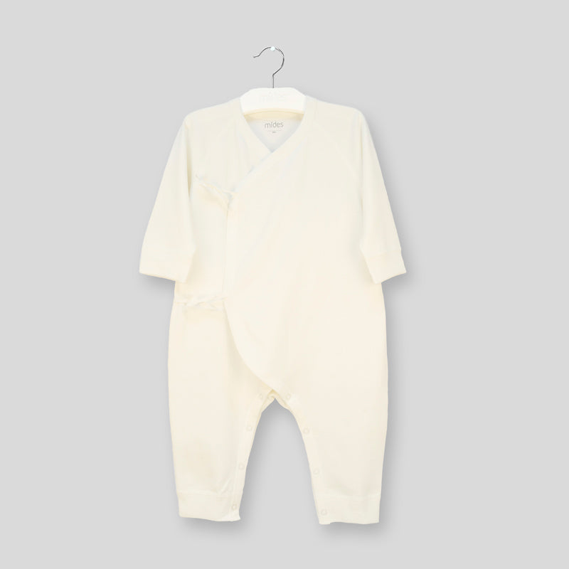 全棉綁帶長袖有腳蛤衣-平紋-米白色