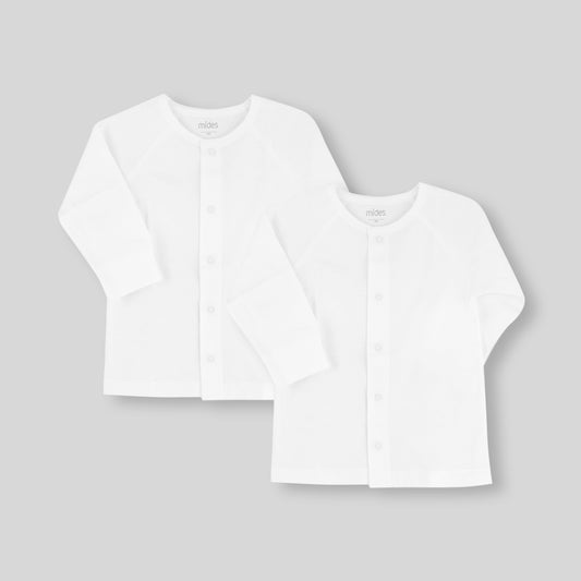 全棉開胸長袖內衣2件裝-平紋-米白色