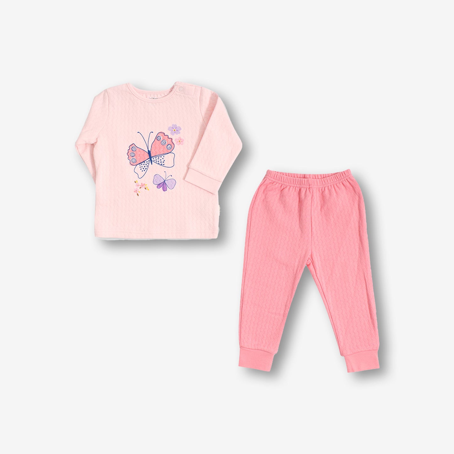 夾絲棉睡衣套裝-淡粉紅色蝴蝶圖案+粉紅色長褲